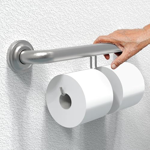 ADA Compliant Grab Bar with Toilet Paper Holder (2 Mega Rolls), 500lbs Weight Support, 1-1/4 x 16 inch for Stud Mount, Brushed Nickel