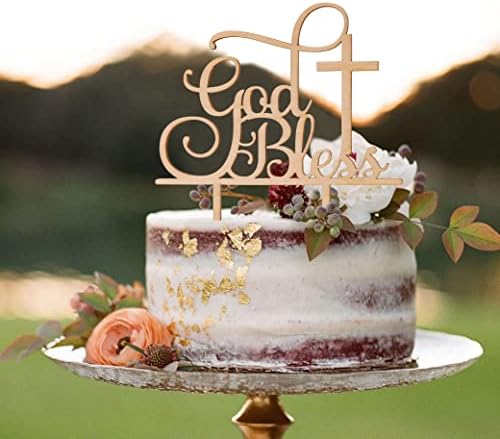 God Bless Wooden Baptism Cake Topper - Religious Baptism & First Communion Decoration, Cross Keepsake