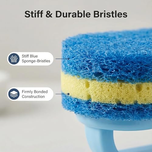 Heavy-Duty Cleaning Brush with Ergonomic Handle - Stiff Sponge Scrubber for Bathroom Shower Tile, Kitchen Sink, Toilet & Bathtub - Reusable Crevice Tool with Hanging Hole, Multi-Surface Scrub Brush