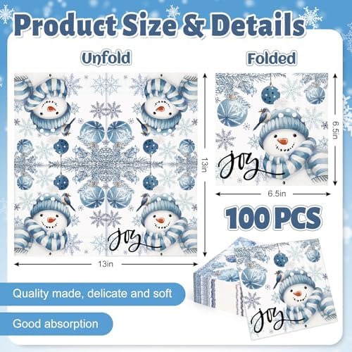 JarThenaAMCS 100Pcs Christmas Paper Napkin Blue Snowman Xmas Ball Luncheon Napkins Dinner Hand Napkins for Winter Home Party Supplies Table Decor