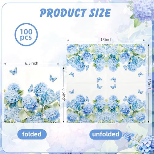 100 Pcs Hydrangea Floral Paper Napkins Blue Floral Butterfly Disposable Party Napkin 6.5" Luncheon Flower Hand Towel for Spring Summer Birthday Wedding Party Supplies (Hydrangea)