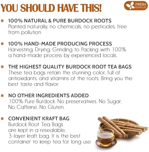 FreshDrinkUS, Premium 75 Burdock Root Tea Bags, 100% Natural & Pure, Herbal Tea. Made with Natural Material Tea Bags. No Sugar, No Caffeine, No Gluten, Vegan.