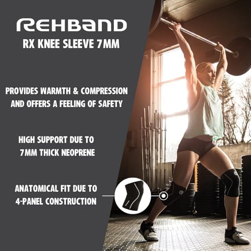 Rehband RX Knee Support for Strength Training & Fitness - 7mm Neoprene Knee Sleeve, Flexible & Non-Slip, Knee Sleeve for Men & Women, Colour:Carbon/Black, Size:Large