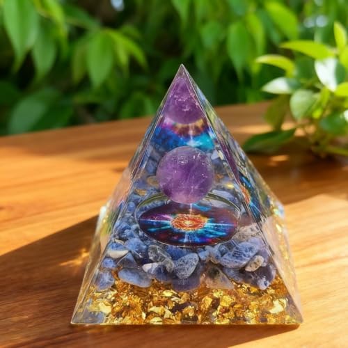 5 Inch Crystal Resin Pyramid, Handmade Amethyst Blue Crystal Art Decor for Home Office Spiritual Gift
