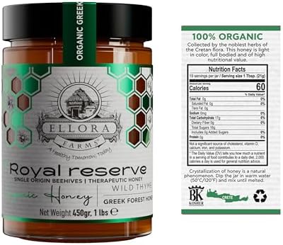 Ellora Farms Organic Honey, Wild Thyme Raw Honey, Greek Unfiltered, Preservative and Additive Free, Paris and Dubai Gold Awards Winner, Gift Pack with Dipper - 450 g