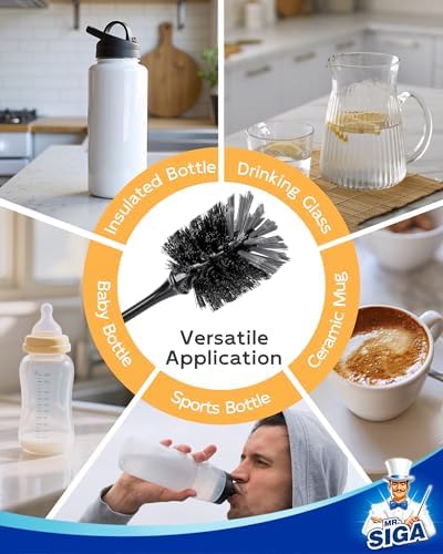 MR.SIGA Water Bottle Brush, Long Handle Bottle Brush for Water Glasses, Baby Bottles, Sports Bottles Cleaning, Black, 2 Pack