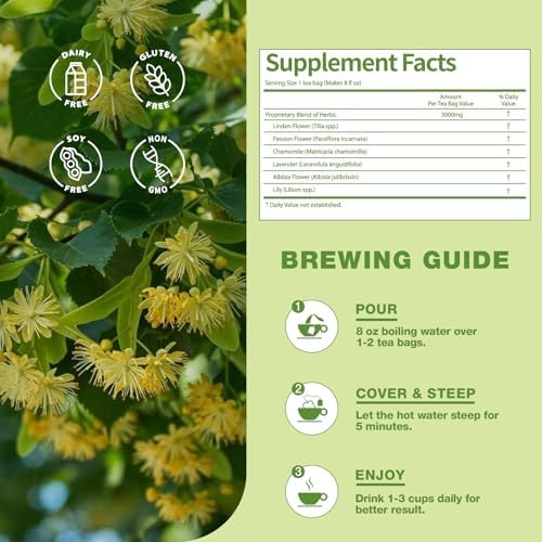 EnrychLeafo Linden Flower Tea Bags for Relaxation and Mood Support with Passion Flower & Chamomile - Support Restful Sleep for Women & Men - Coffee Alternative, Non-GMO, Gluten Free - 50 Teabags