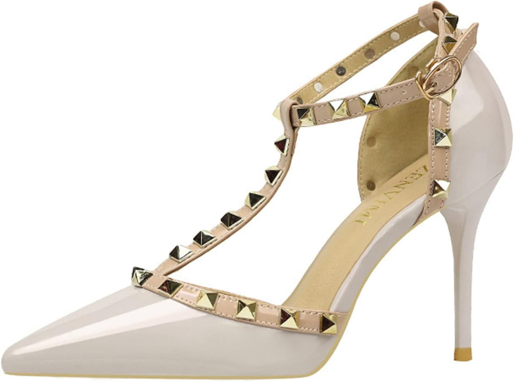 Women's Slingbacks Studded Mid High Heels Summer Shoes Pointy Toe Party Daily Wear Sandals Stud T-Strap 3.5 Inch Mid Kitten Heel