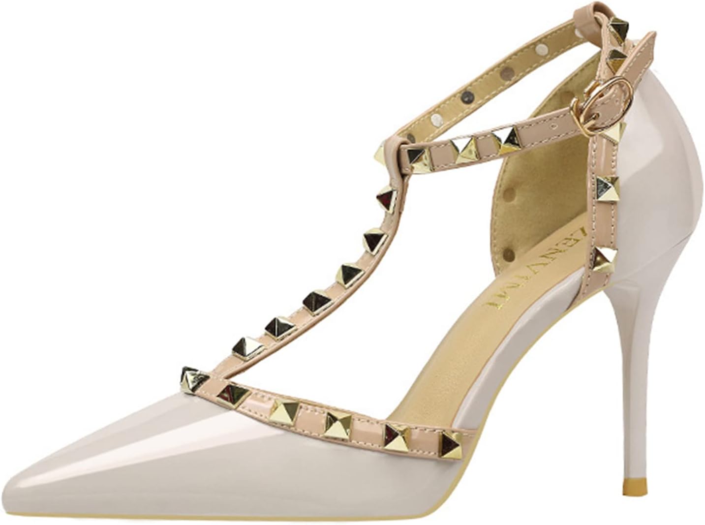 Women's Slingbacks Studded Mid High Heels Summer Shoes Pointy Toe Party Daily Wear Sandals Stud T-Strap 3.5 Inch Mid Kitten Heel