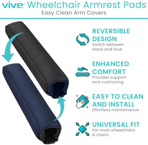 Vive Wheelchair Armrest Pads (2 PCS) - 2-in-1 Reversible Colors - Soft Cushion Arm Rest Accessories for Office Desk Transport Electric Wheel Chairs - Pressure Relief, Non-Slip - Easy-Clean Design