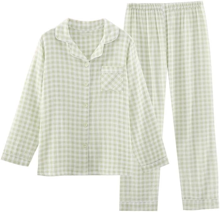 codcm Womens Cotton Pajama Sets Long Sleeve Button Down Shirt and Pants Sleepwear 2 Piece Gingham Pj Set