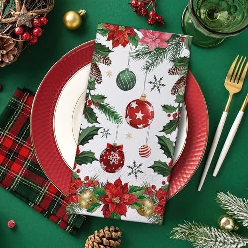 100 PCS Christmas Poinsettia Disposable Paper Napkins, Xmas Ball Pine Cone Bathroom Hand Towels Decorative Dinner Guest Napkin, Winter Holiday Kitchen Dinning Table Party Decor 8 x 4 Inches