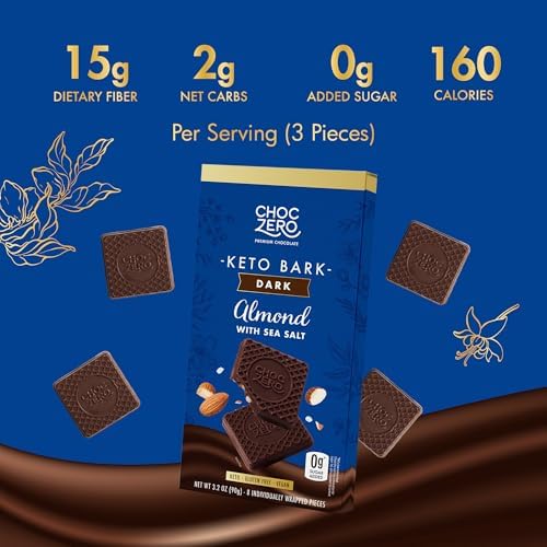 ChocZero Dark Chocolate Almond Bark with Sea Salt, Sugar Free, Vegan, Low Carb, High Fiber, Keto Friendly, No Sugar Alcohols (4 Count, 3.2oz Boxes)