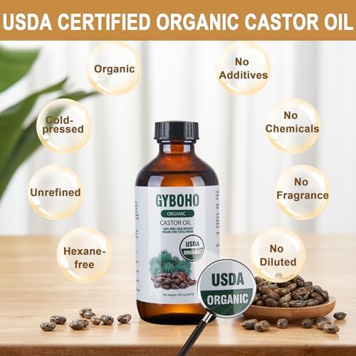 8oz Castor Oil Organic and 4pcs Reusable Castor Oil Pack Wrap Organic Cotton,for Stomach-Neck-Abdomen -Knee-Arm-Liver Detox,with Eyebrow and Eyelash Care Tool Set