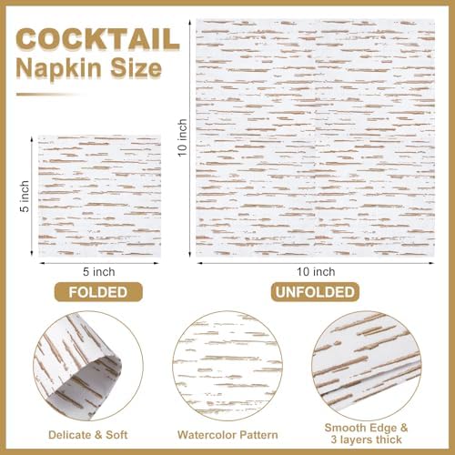 Frienda 60 Pcs Birch Rustic Cocktail Paper Napkins 3-ply 5 x 5 Inch Disposable Beverage Napkins Decorative Birthday Decor for Baby Shower Wedding Table Party Supplies