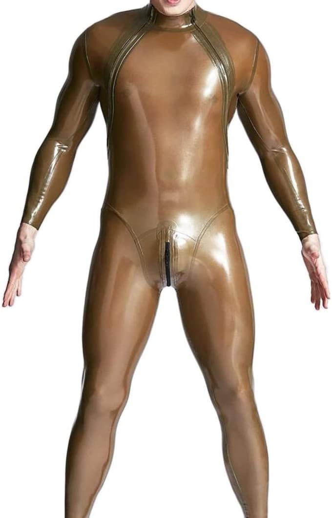 Male Latex Rubber Shoulder-Zip Catsuit Double-Diagonal Zipper Bodysuits Jumpsuit Party Club Wear