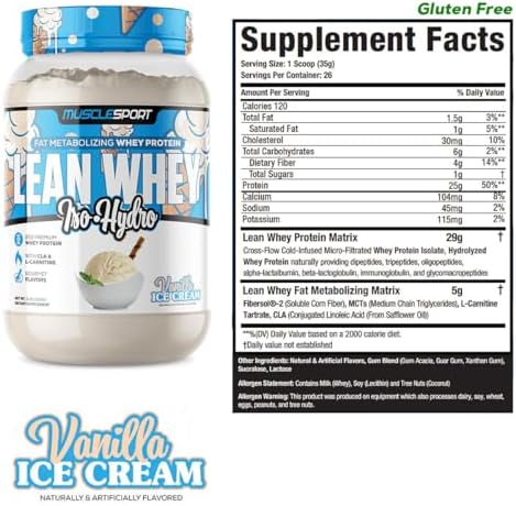 Musclesport Lean Whey Revolution™ Protein Powder - Whey Protein Isolate - Low Calorie, Low Carb, Low Fat, Incredible Flavors - 25g Protein per Scoop (2LB, Vanilla)