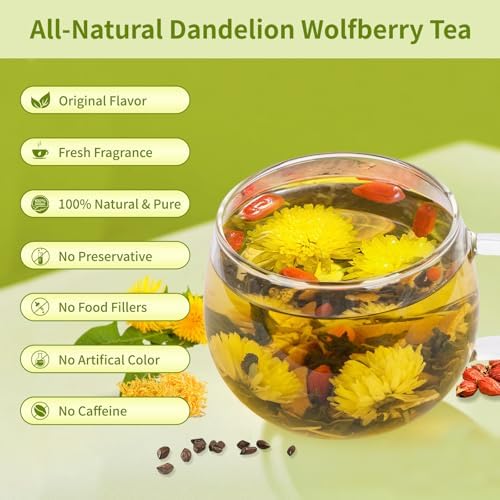 Dandelion Wolfberry Tea, Natural Kidneys & Liver Health Dandelion Root Tea with Dandelion, Wolfberry, Cassia Seed, Chrysanthemum, Licorice, Orange Peel, Gardenia (1 Pack/12 Bags)