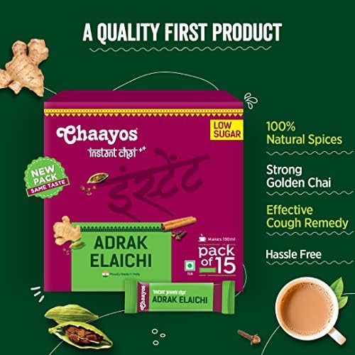 Chaayos - Instant Tea Premix - Low Sugar - Adrak Elaichi (15 Sachets)