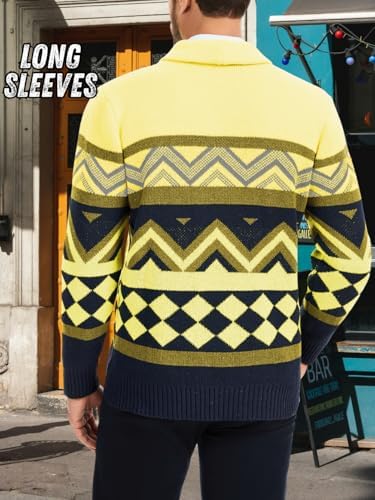 EHSUYAB Mens Cardigan Sweater, Shawl Collar Long Sleeve Button Down Color Block Graphic Print, Fall Winter Casual Outfits