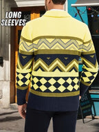 EHSUYAB Mens Cardigan Sweater, Shawl Collar Long Sleeve Button Down Color Block Graphic Print, Fall Winter Casual Outfits