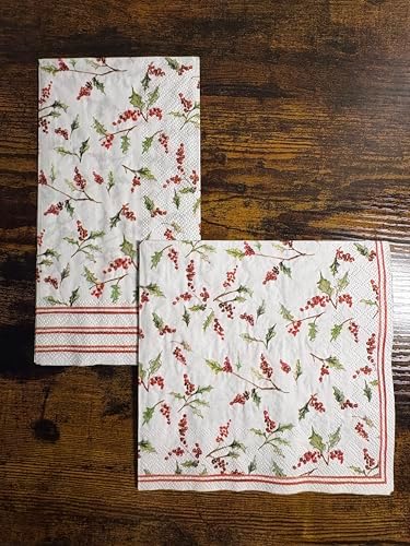 IHR Ideal Home Range Party Napkins Disposable 3-Ply Paper Lunch Napkin Pack, 6.5" x 6.5", Christmas Ilex Berries, 20-Count