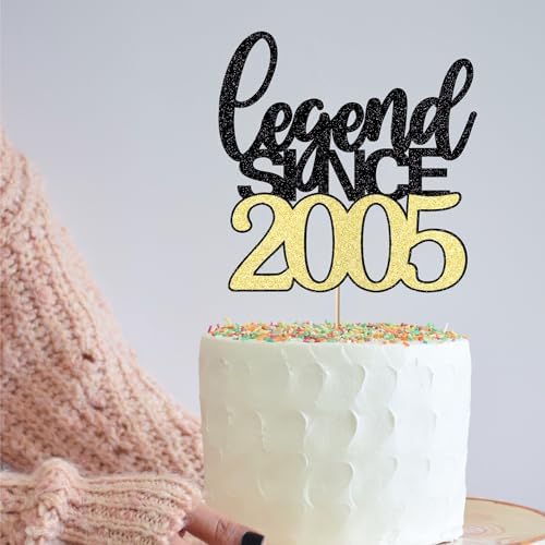 Legend Since 2005 Cake Topper 20th Birthday Happy Birthday Cake Topper Men and Women Cheer 20 Years Old Handmade Black Gold Glitter Cake Decoration (black gold, 2005)
