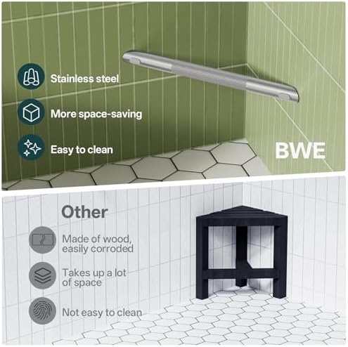 BWE Brushed Nickel Shower Foot Rest Bar, Stainless Steel Bar Corner Shower Foot Rest for Shaving Legs, Non-Slip Knurled Shower Step, Wall Mounted Bathroom Shower Shaving Foot Rest