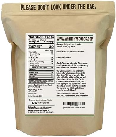 Anthony's Organic Cassia Cinnamon Powder, 1 lb, Ground, Gluten Free, Non GMO, Non Irradiated, Keto Friendly