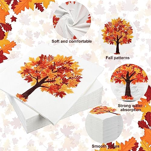 60 Pack Fall Paper Napkins Maple Leaves Luncheon Napkins Fall Leaf Disposable Napkin Maple Tree Decorative Napkin for Autumn Thanksgiving Party Supplies Dinner Kitchen, 6.5 x 6.5 Inch