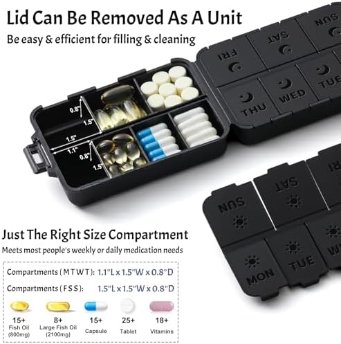 New Foldable & Double Protection Portable Weekly Pill Organizer 2 Times A Day with Etched Labels, AM PM 7 Day Week Medicine Box, Daily Travel Pill Case Dispenser for Vitamin, Supplement - All Black