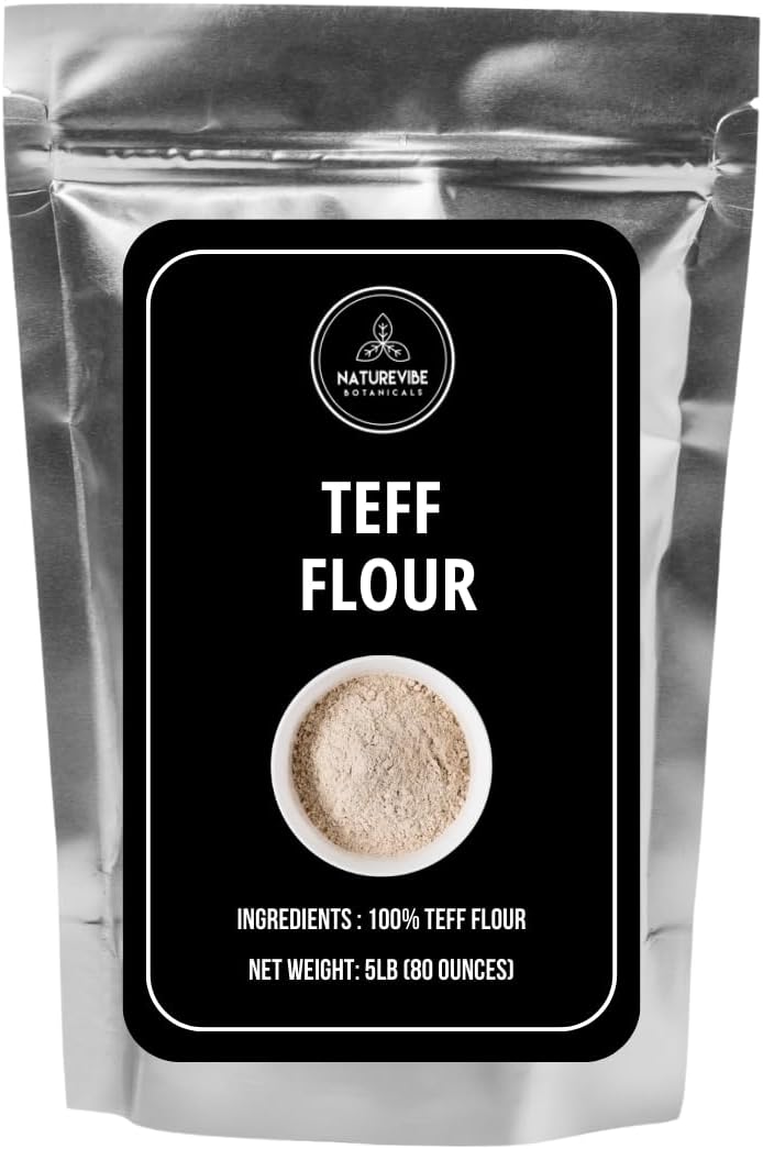 Naturevibe Botanicals Brown Teff Flour 5 lb | 100% Whole Grain & Gluten-Free | Finely Ground High Fiber & Plant Protein | Ideal for Injera, Baking, Pancakes & Healthy Recipes 80 Ounces