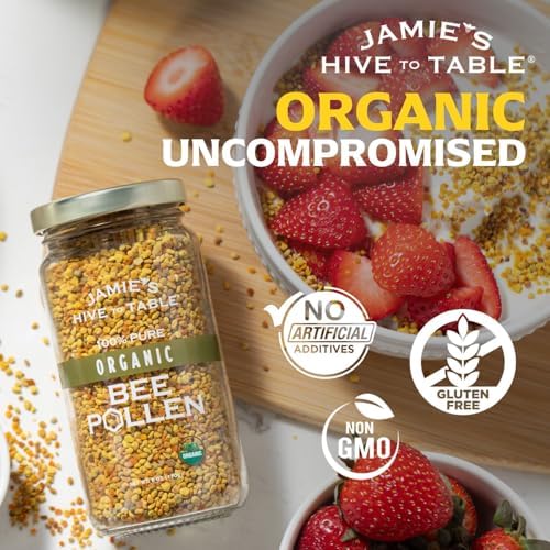 Jamie’s Hive to Table Organic Bee Pollen, 6 oz - 100% Pure, Raw & Natural Superfood, Premium Quality Bee Pollen Granules for Energy, Immunity, Skin Health, Antioxidants, & Vitality, Gluten Free