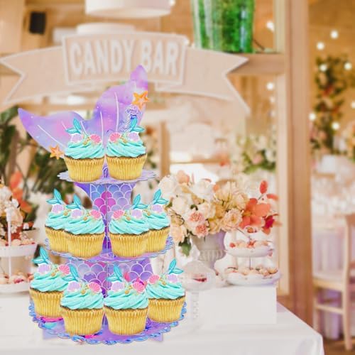 MRPAPA 2Pack Mermaid Cupcake Stand, 3 Tier Party Decorations Mermaid Theme Cupcake Holder Baby Shower Cup Cake Holder Birthday Dessert Stand