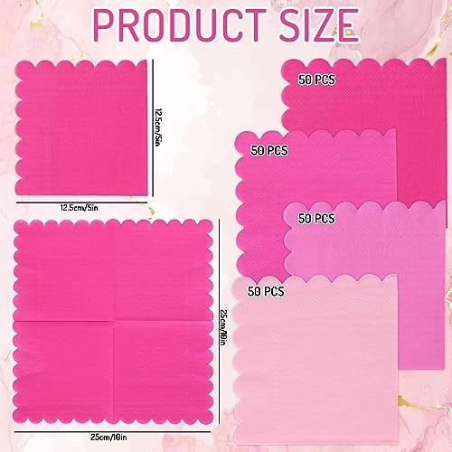 Whaline 200 Pack Hot Pink Cocktail Napkins Gradient Color Scalloped Beverage Napkins Disposable Paper Napkin with Scalloped Edges for Wedding Birthday Bridal Baby Shower Party Supplies