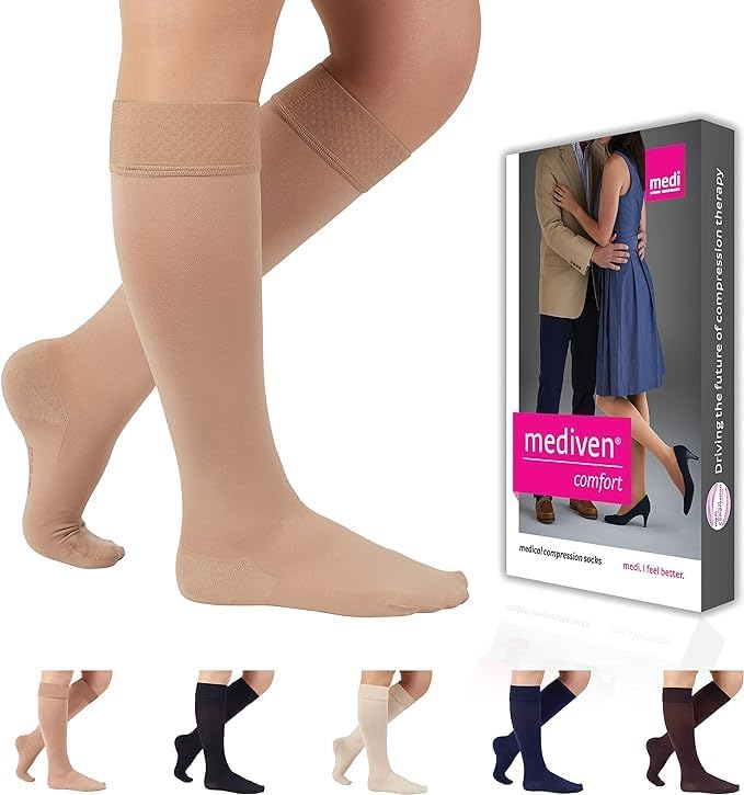Mediven Comfort Women’s 20–30 mmHg Knee High Compression Stockings, Closed Toe, Semi-Transparent, Soft & Breathable Support for Leg Circulation, Work & Travel, III, Petite, Sandstone