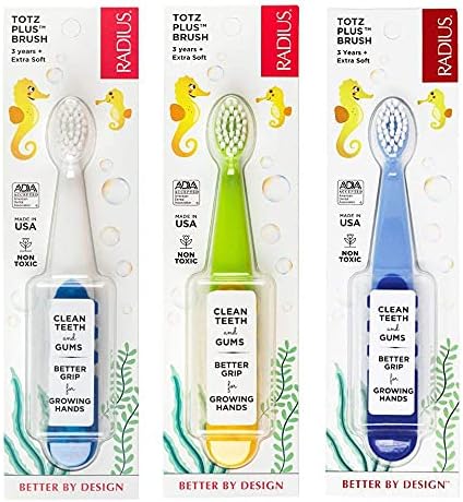 RADIUS Children's Toothbrush, Totz Plus Brush, Extra Soft Bristles, White/Green/Lightblue, BPA Free & ADA Accepted, for Delicate Teeth & Gums for Children 3 Years & Up, Pack of 3