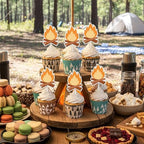 36Pcs Gold Glitter Bonfire Dessert Cupcake Toppers Pick for Camping Out Campfire Adventure Theme Decor Supplies Men Boys Women Girls Happy Birthday Sports Stars Party Supplies