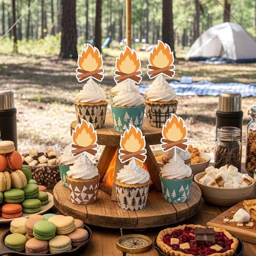 36Pcs Gold Glitter Bonfire Dessert Cupcake Toppers Pick for Camping Out Campfire Adventure Theme Decor Supplies Men Boys Women Girls Happy Birthday Sports Stars Party Supplies