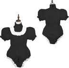 Bodysuit Shiny PVC Short Sleeve Maid Costume Vinyl Maid Dress Lockable Jumpsit Plus Size,Black,XXL