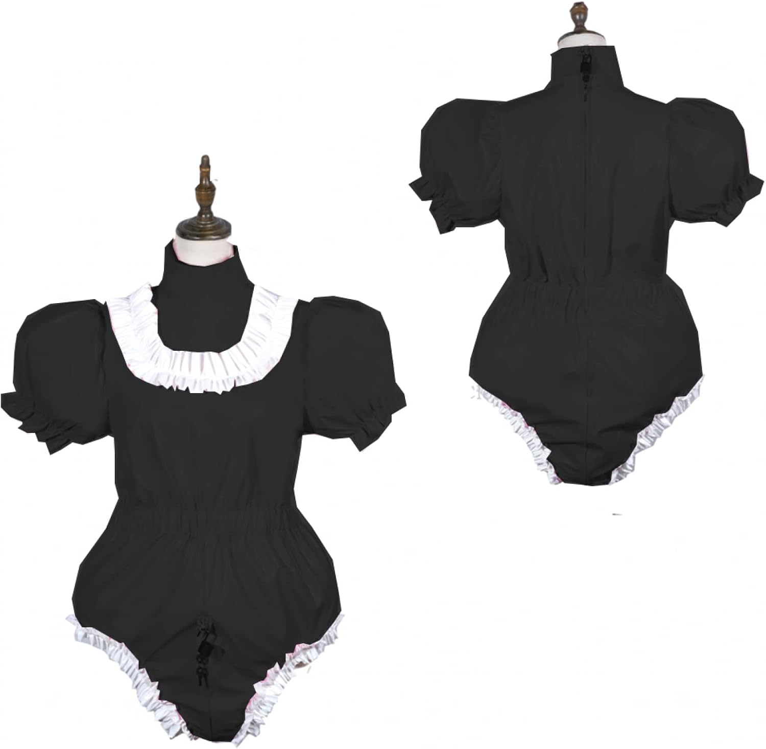 Bodysuit Shiny PVC Short Sleeve Maid Costume Vinyl Maid Dress Lockable Jumpsit Plus Size,Black,XXL