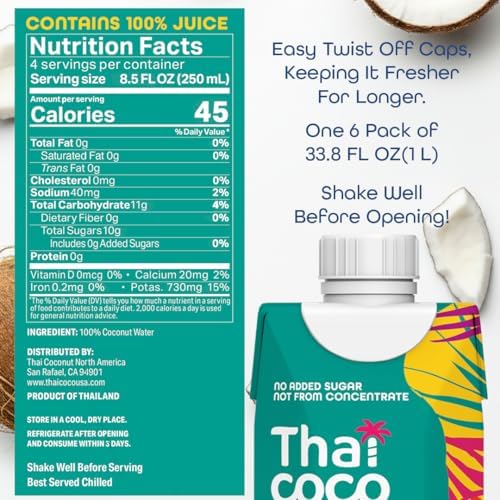 Thai Coco Organic Coconut Water, 100% Pure & Unsweetened, No Sugar Added, USDA Organic, Natural Electrolytes Hydration Drink, 33.8 fl oz Tetra Carton (Pack of 6)