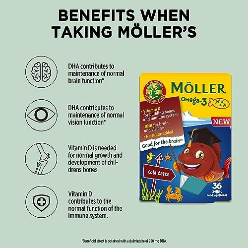 Moller’s ® | Omega 3 Capsules for Children | Natural Fish Oil Omega 3 Fish Oil for Kids | with DHA and EPA, No Gluten, Lactose or Added Sugar & Easy to Chew | Cola Flavor | 36 Capsules
