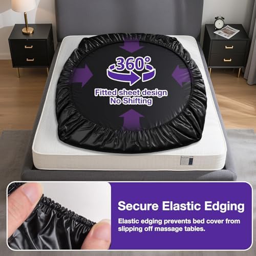 Black Vinyl Queen Mattress Protector Waterproof for Essential Oil Massage Spa, Fits 80x60in (203x152cm), Wipe Clean PVC Mattress Cover Stain & Water Proof Bed Cover Queen Fitted Sheet for Nuru Massage