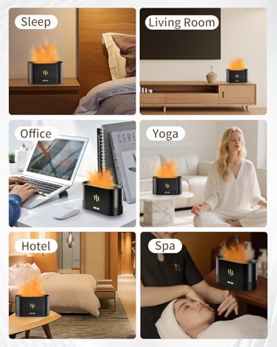 Flame Effect Essential Oil Diffuser, 180ml Ultrasonic Aromatherapy Humidifier, 7 Color Changing Lights with Ultra Quiet, Auto Shut-Off, Valentine's Day Gift for Bedroom Home Office and Yoga (Black)