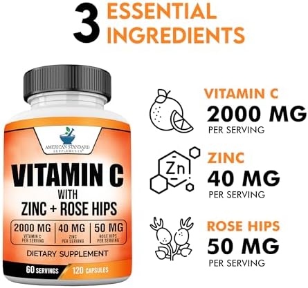 American Standard Supplements Vitamin C 2000mg, Zinc 40mg, and Rose Hips 50mg Per Serving, Vegan, Gluten Free, Non-GMO (120 Count)