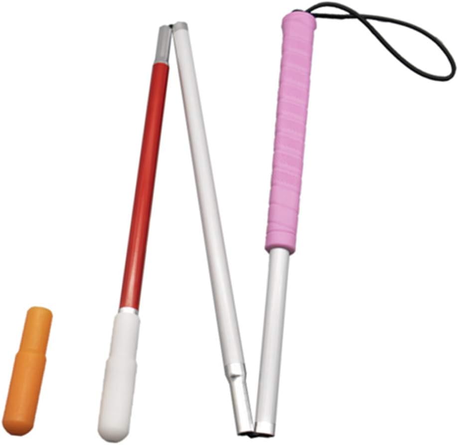 70cm White Cane, Aluminum Folding Cane for The Blind,Folds Down 3 Sections, with 2 Tips (Pink Handle)
