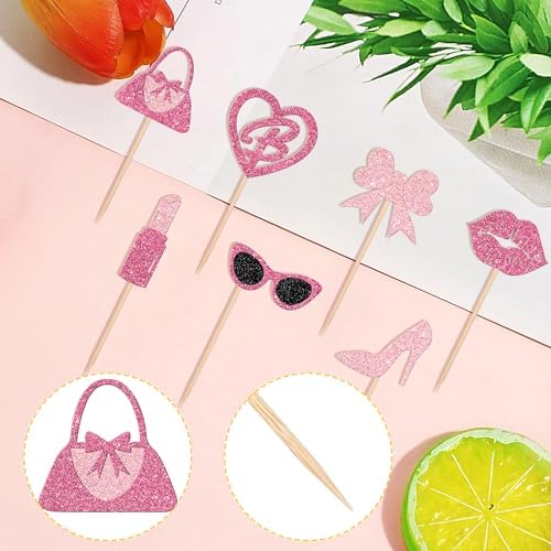 24 PCS Princess Cupcake Toppers Glitter Pink Girl Cupcake Picks Handbag Glasses Bow Lipstick Tie High Heel Cake Decorations for Wedding Bridal Shower Baby Shower Birthday Party Supplies