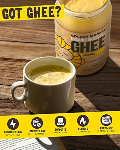 GOLDEN MONKEY Organic Ghee Butter – Grass Fed Clarified Butter for Cooking, Baking, Keto & Gut Health – Ghee Butter Organic Grass Fed from Small Farms – Smooth Spread with High Smoke Point (16oz)