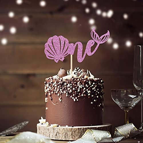 Mermaid One Cake Topper, Baby Girl 1st Birthday Decorations, Under The Sea Theme Photo Décor Picks for Baby Shower Gender Reveal Party, Baby 1st Birthday Decorations Pink Glitter